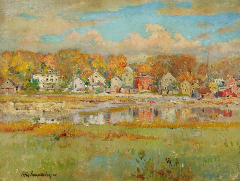 Modernism landscape depicting a river at sunset by Colin Campbell Cooper