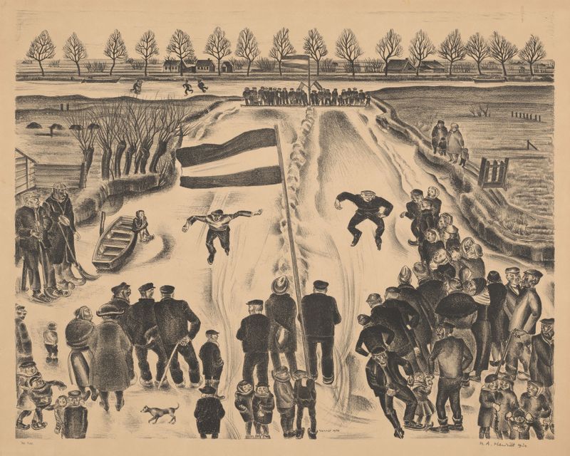 Schaatswedstrijd de Henk Henriët, expresionismo, escena de género con patinadores en un lago helado