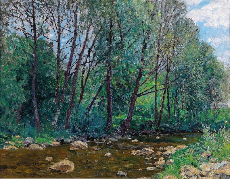 Paisaje impresionista de Alfred Zoff, que presenta un río y vegetación exuberante.