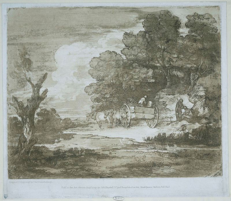 Landschap met een wagen getrokken door paarden langs een waterkant, gravura de Thomas Gainsborough