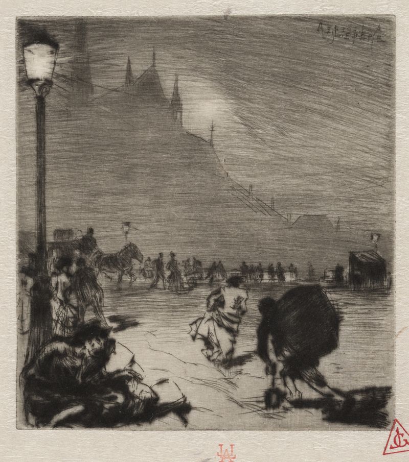 Gravura de Auguste Louis Lepère representando uma ponte sobre um rio ao anoitecer
