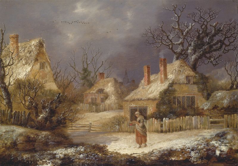 A Winter Landscape pintura a óleo de George Smith retratando uma cena nevada ao amanhecer.