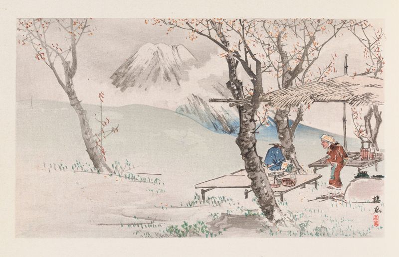 Ukiyo-e by Takeuchi Seihō depicting Mount Fuji with delicate brushwork