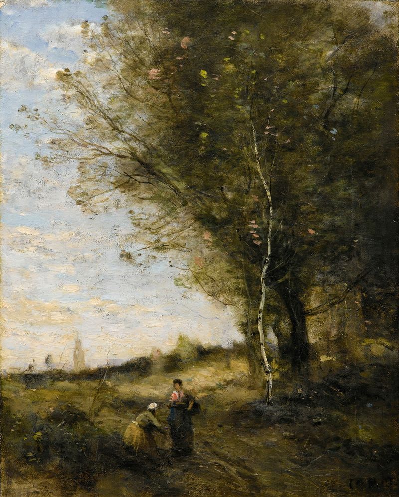 Los recolectores de madera de Jean-Baptiste-Camille Corot, óleo sobre lienzo, figuras recogiendo leña en un bosque