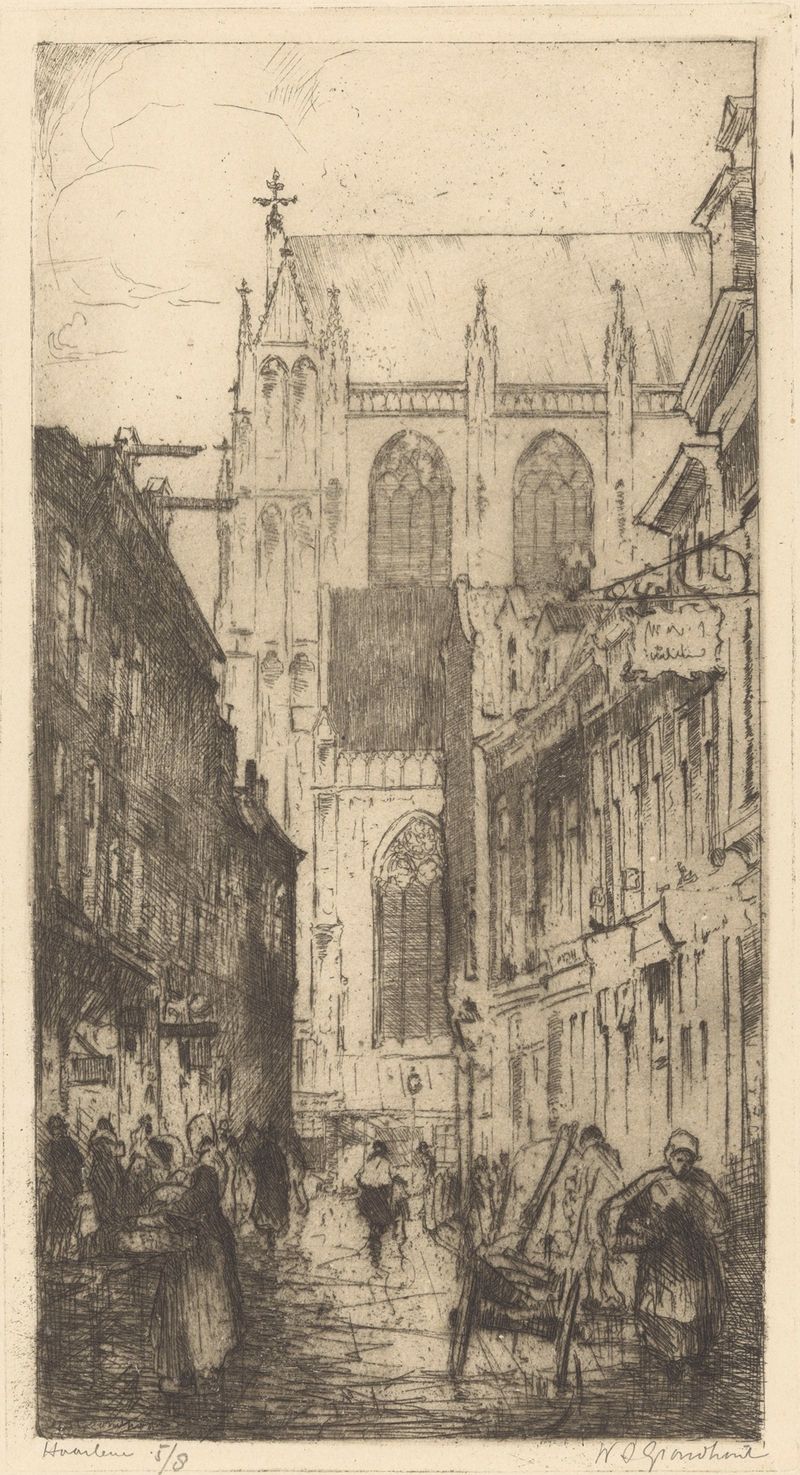 Paisaje de Haarlem de Willem Adrianus Grondhout, óleo sobre lienzo, con árboles y arquitectura de pueblo.