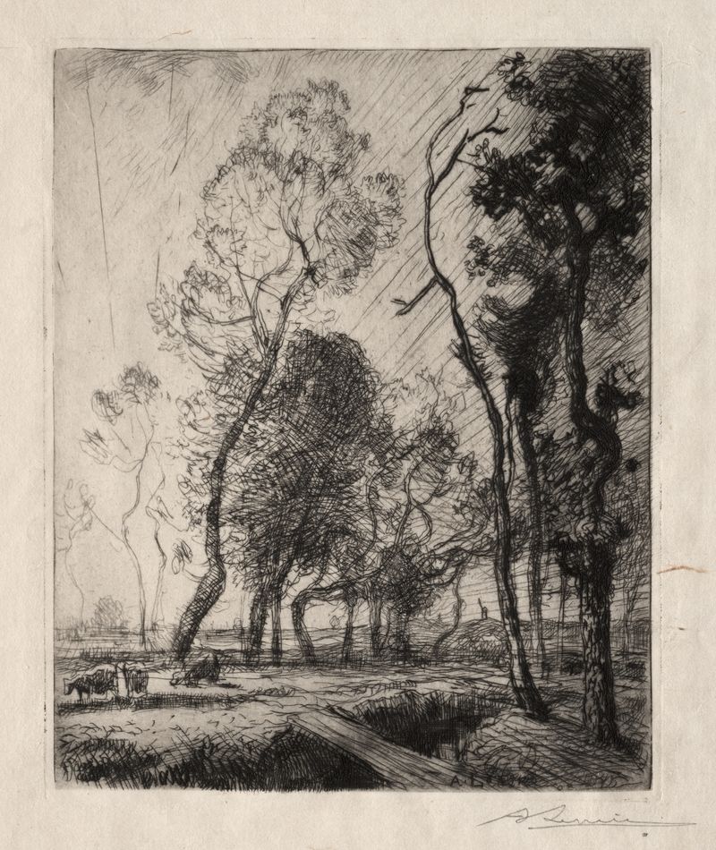 Coucher de Soleil derrière les Arbres de Auguste Louis Lepère, pintura a óleo que retrata uma paisagem ao pôr do sol com á...