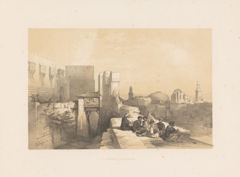La citadelle de Jérusalem de François Stroobant, pintura al óleo que muestra la ciudadela de Jerusalén al atardecer.