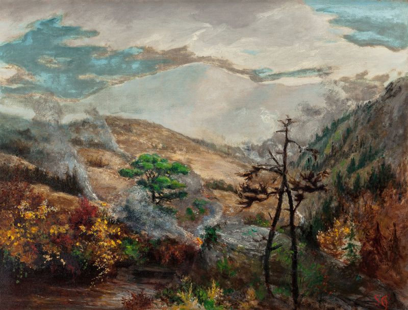 Pintura a óleo Great Smoky Mountains de Sarah Ann Freeman Clarke com picos enevoados e vales exuberantes
