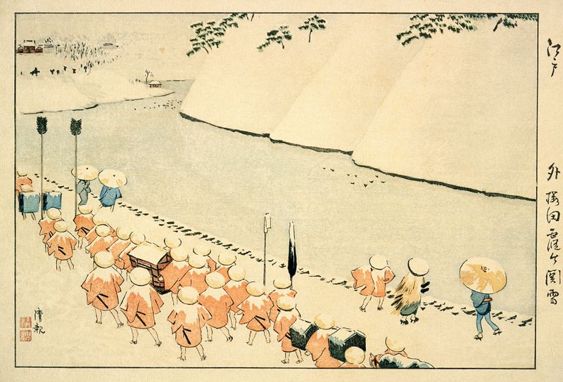 Ukiyo-e de Kobayashi Kiyochika mostrando uma paisagem coberta de neve com uma árvore.