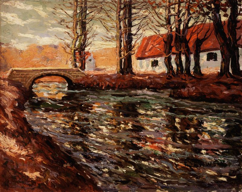 River Landscape by Ernest Lawson, impressionism, depicting a river with reflections and soft light.