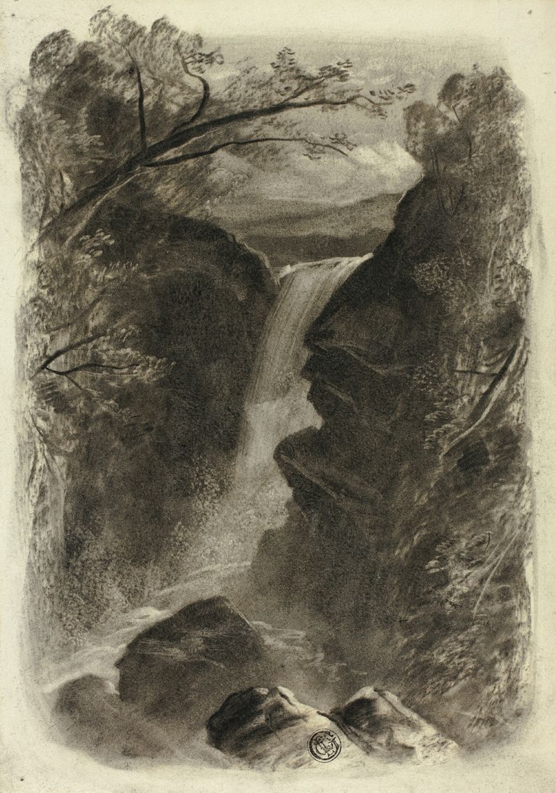 Mountain Waterfall de Elizabeth Murray, pintura al óleo que muestra una cascada y un paisaje exuberante.
