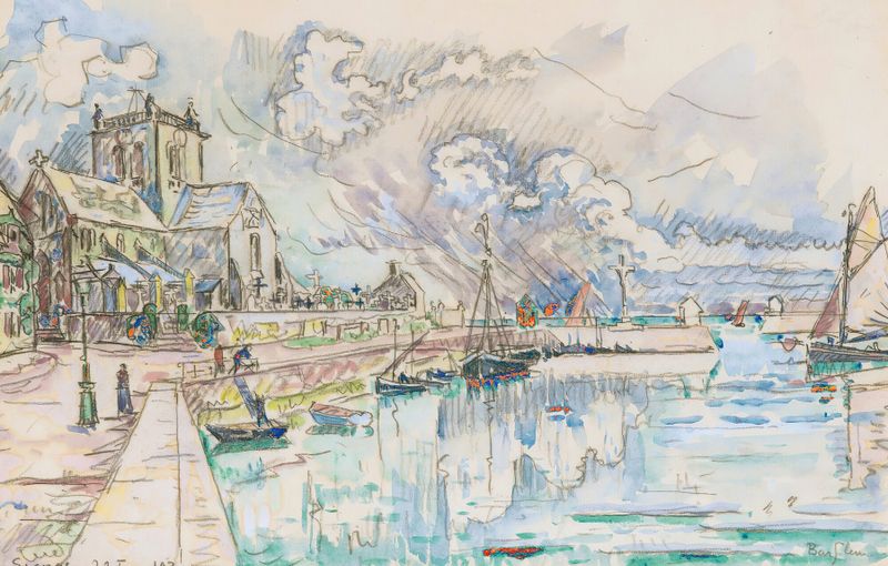 Escena marina con barcos y reflejos, óleo sobre lienzo de Paul Signac
