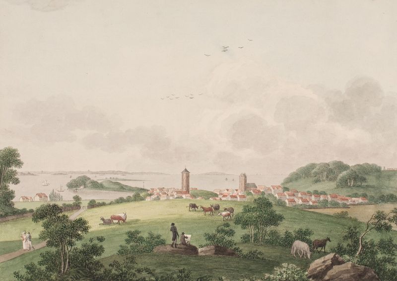 Paisaje de Søren L. Lange, Romanticismo, que representa una escena tranquila con cielo azul y tonos terrosos apagados.