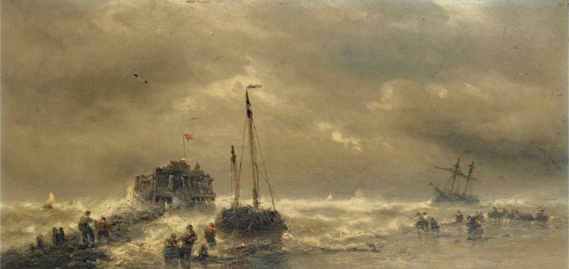 Marine scene with fishermen navigating vibrant blue waves, oil painting by François Musin