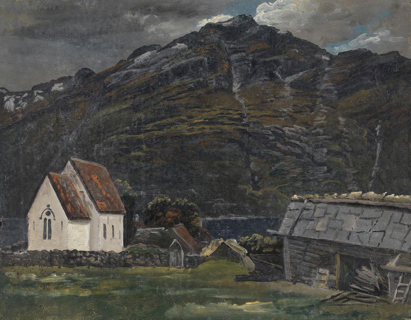 The Church at Ullensvang in Hardanger by Knud Baade, oil painting depicting a church among mountains and a fjord.
