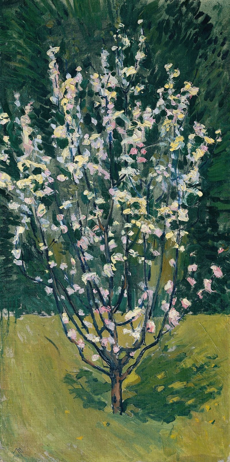 Blühendes Bäumchen de Koloman Moser, óleo sobre tela representando uma árvore vibrante com flores.