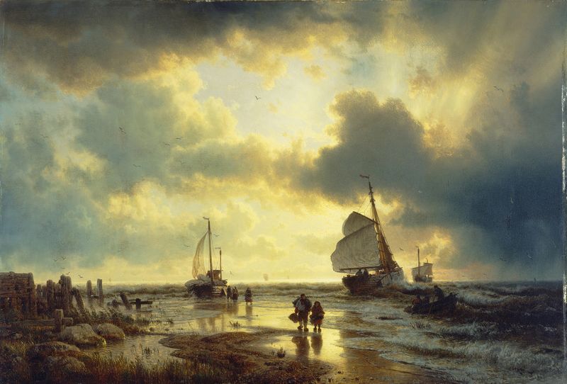 The Ebb-tide de Andreas Achenbach, óleo sobre lienzo que representa un paisaje marino sereno al anochecer.