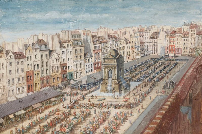 Genre scene depicting a fountain gathering by Nicolas Bazin, oil painting