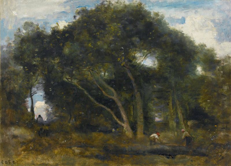Cena de floresta com árvores chêne e luz filtrada, óleo sobre tela de Jean-Baptiste-Camille Corot.