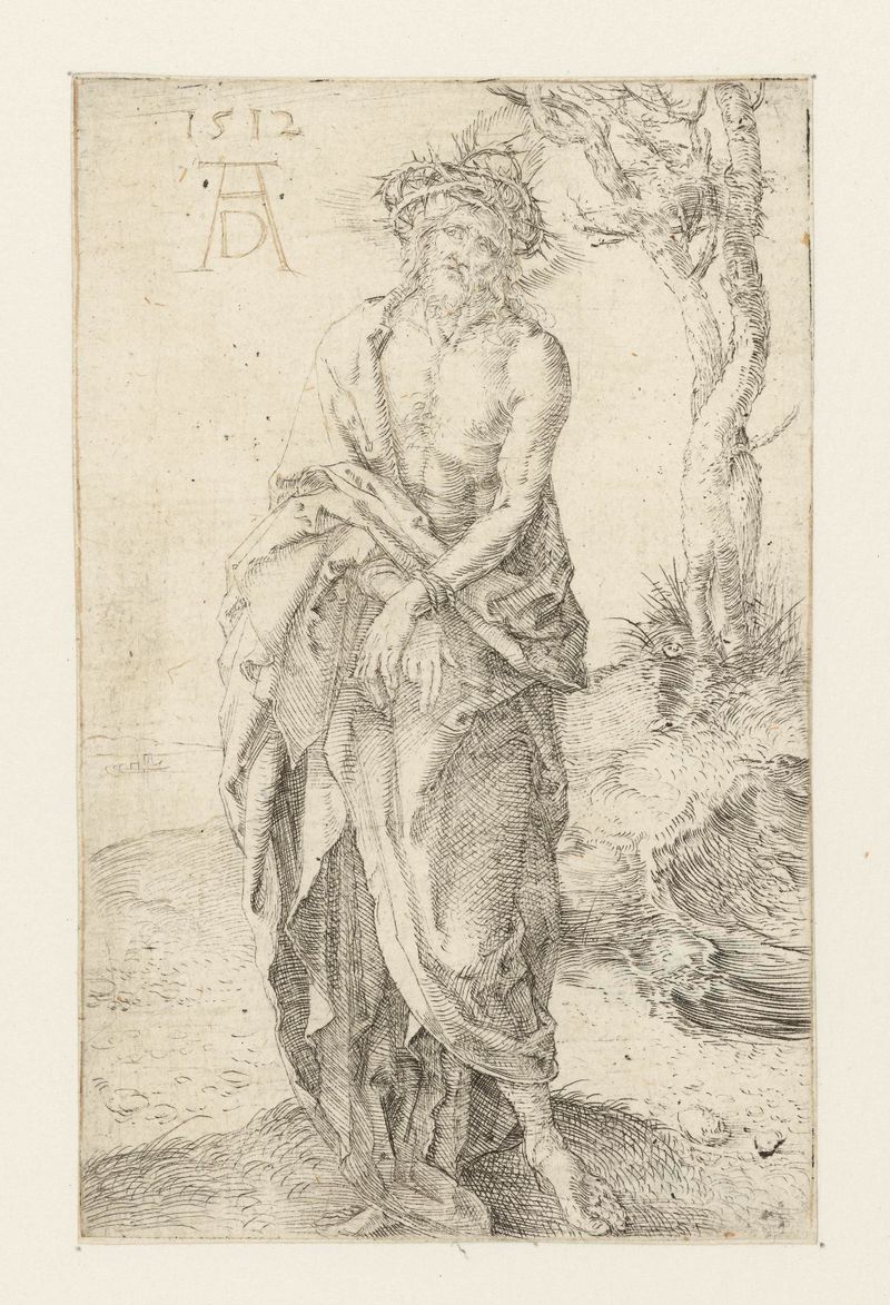 Christus als Man van Smarten, a drypoint by Albrecht Dürer, depicting Christ bound in light and shadow.