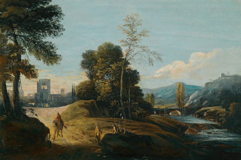Un paisaje fluvial con figuras en un camino, un pueblo más allá, pintura al óleo de Marco Ricci