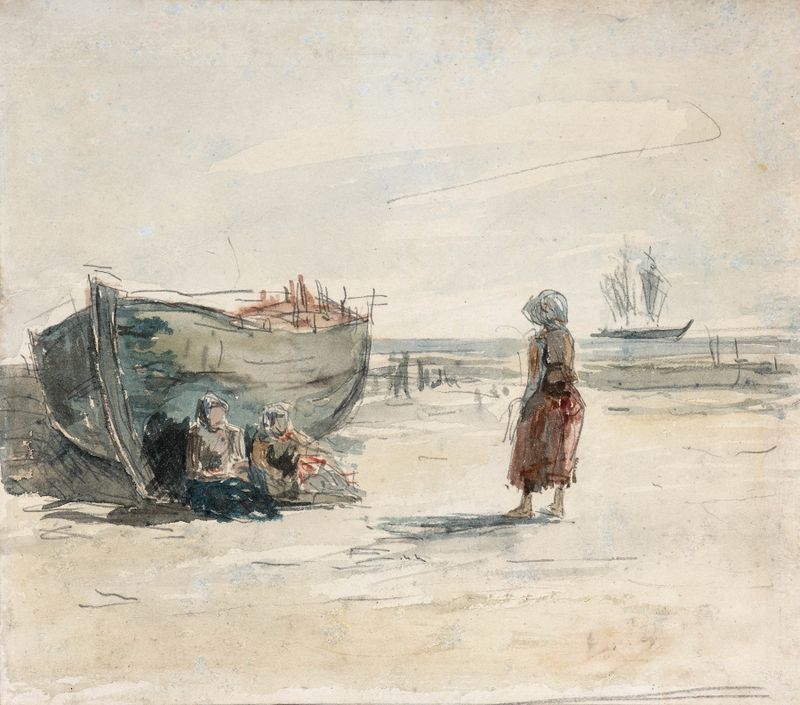 Tres mujeres con vestidos fluidos en la orilla, óleo sobre lienzo de Eugène Boudin