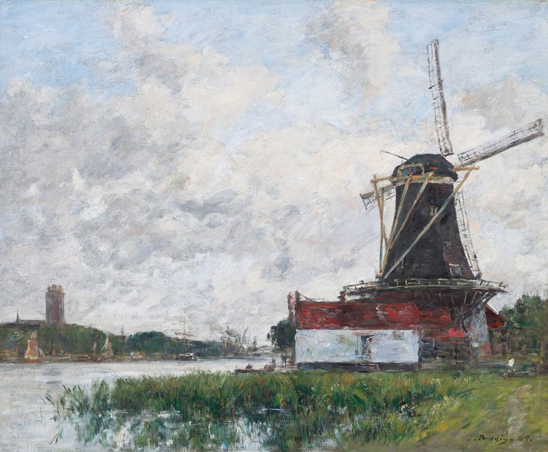 Dordrecht, Moulin sur les bords de la Meuse, óleo sobre tela de Eugène Boudin