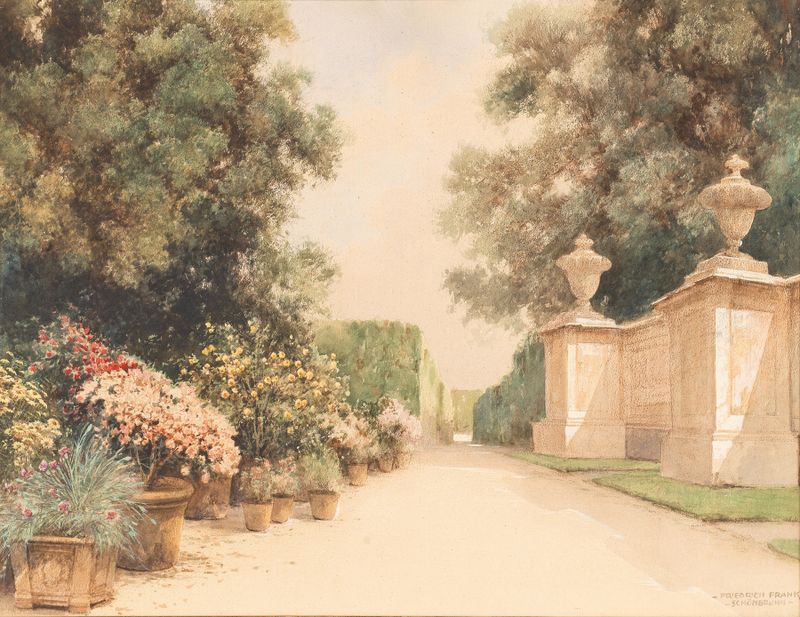 Alley with flower pots and wall in Schönbrunn park by Friedrich Frank, medium unknown.
