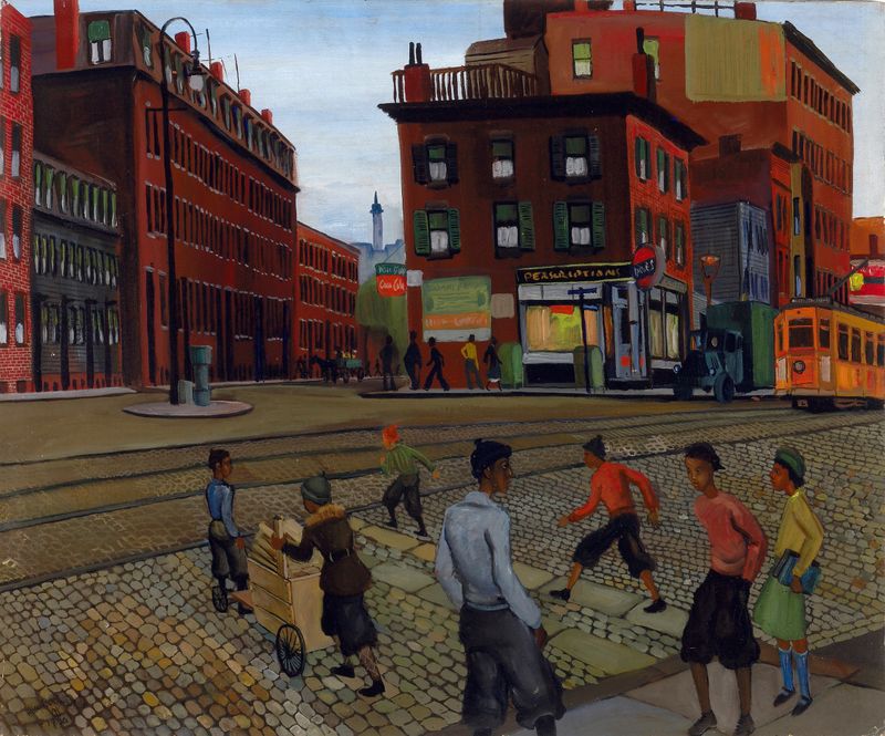 Escena de género de niños jugando en Douglass Square, óleo sobre lienzo de Allan Rohan Crite