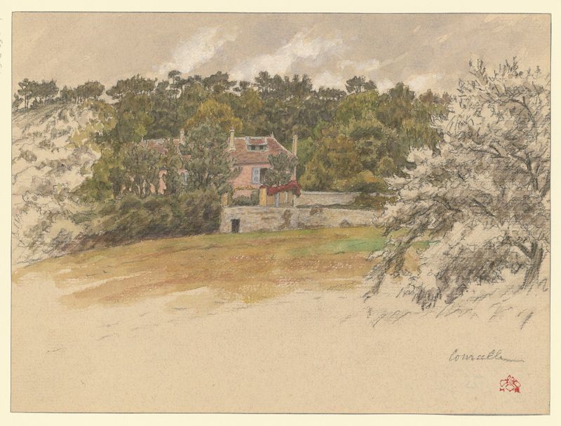 Acuarela de Henri Rivière que muestra un río entre vegetación exuberante y árboles.