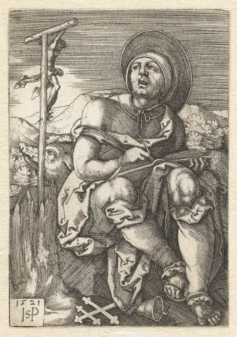 Gravura de Hans Sebald Beham representando Santo Antônio em luz e sombra.