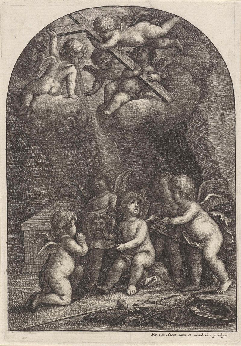 Grabado de Wenceslaus Hollar que muestra putti querubines alrededor de la tumba de Cristo