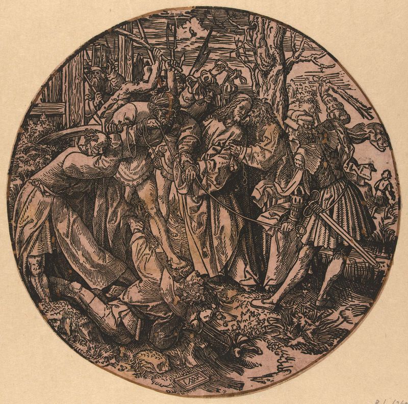 Óleo sobre panel de Jacob Cornelisz van Oostsanen que representa un abrazo con claroscuro.