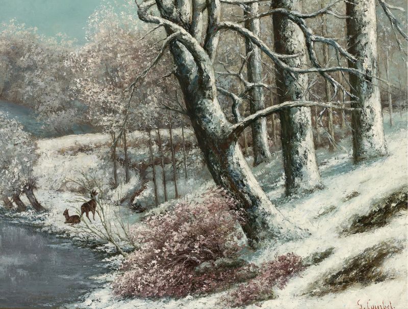 La Forêt En Hiver de Gustave Courbet, pintura al óleo de un bosque invernal.