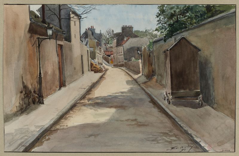 Pintura a óleo de paisagem urbana por F. Séguin retratando uma cena de rua animada.