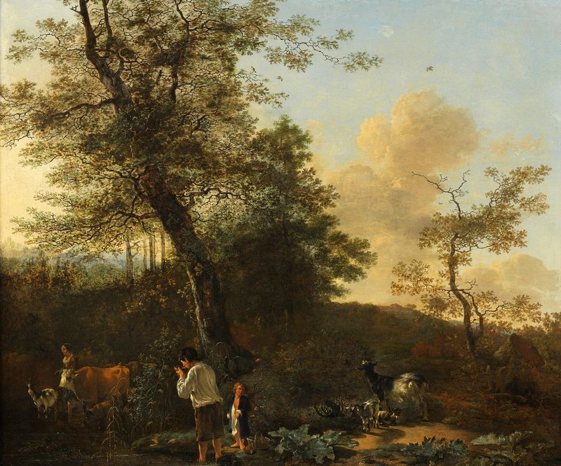 Paisaje pastoral con pastores y ganado, óleo sobre lienzo de Adam Pynacker