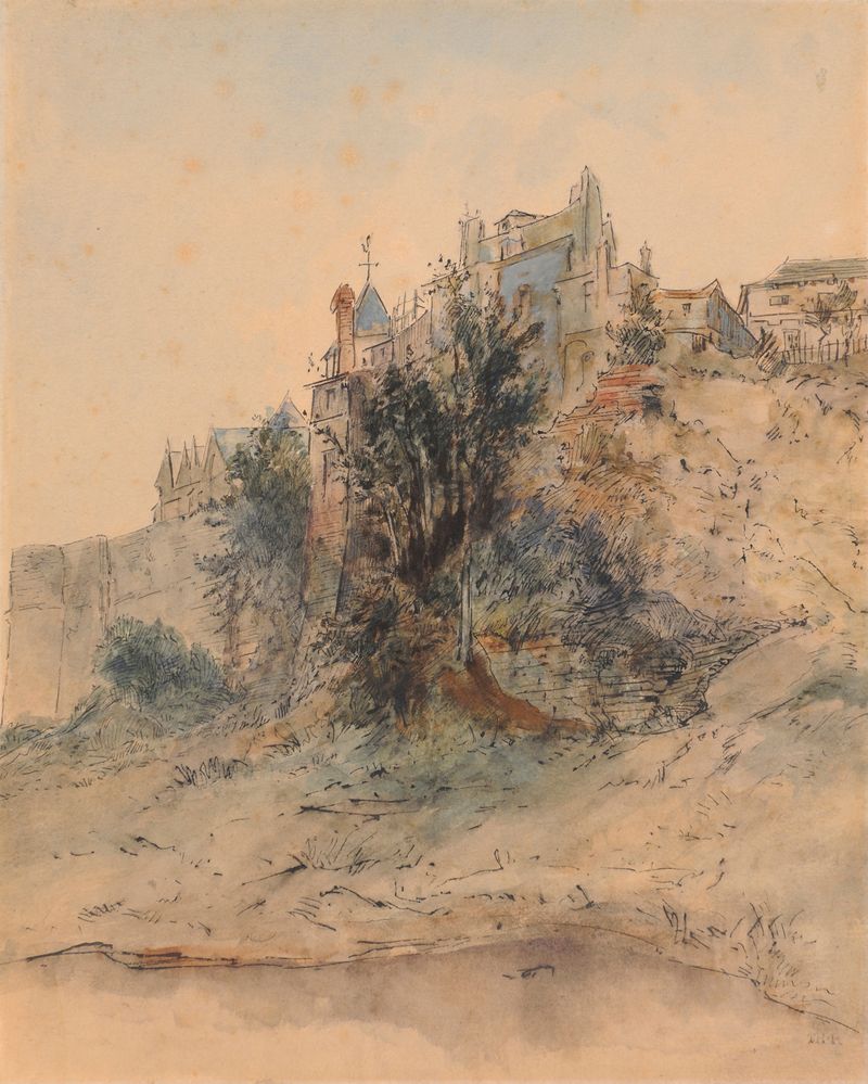 Paysage de ville avec remparts de Théodore Rousseau, pintura a óleo que retrata uma paisagem urbana com muralhas.