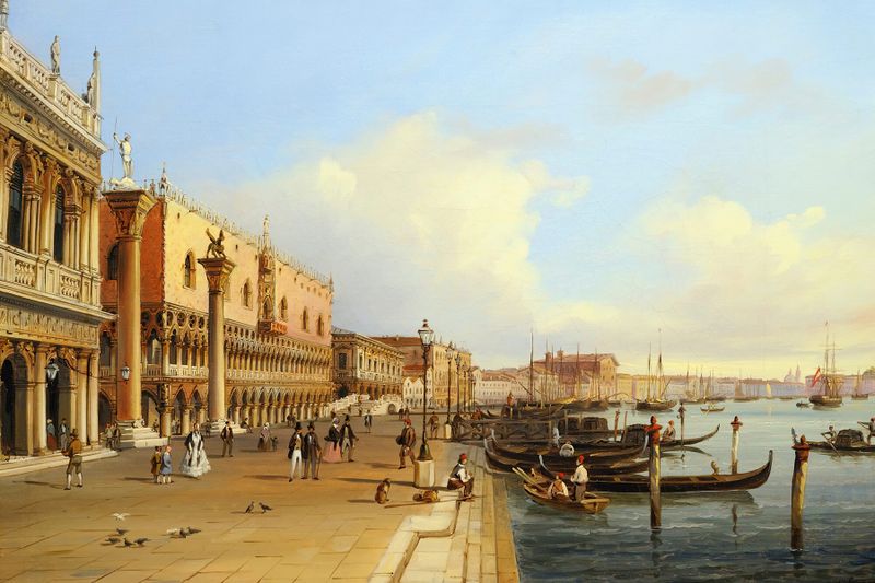 O Grande Canal, Veneza de Carlo Grubacs, óleo sobre tela que retrata reflexos na água e arquitetura veneziana.