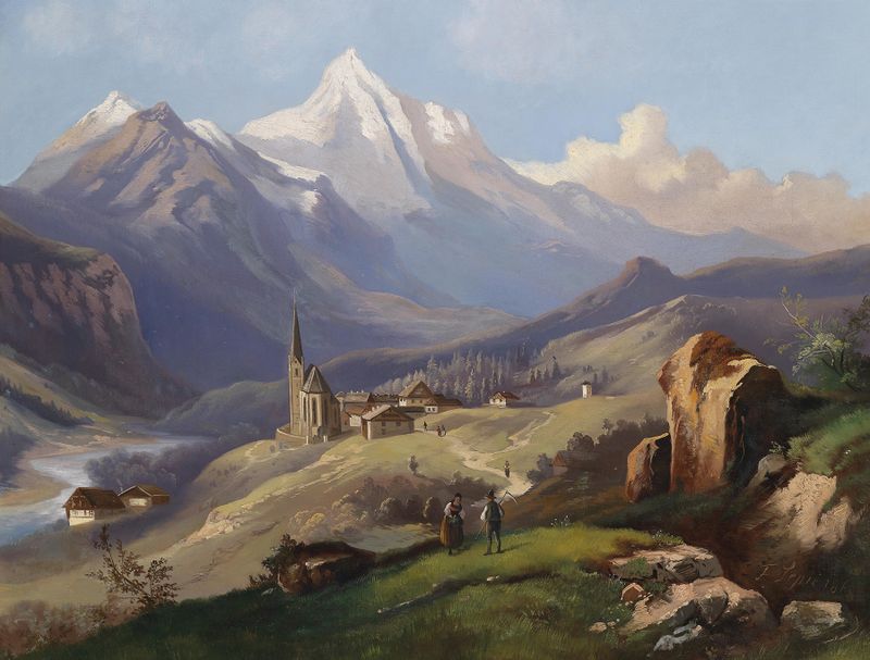 Heiligenblut de Ferdinand Lepie, óleo sobre lienzo que representa montañas y una villa