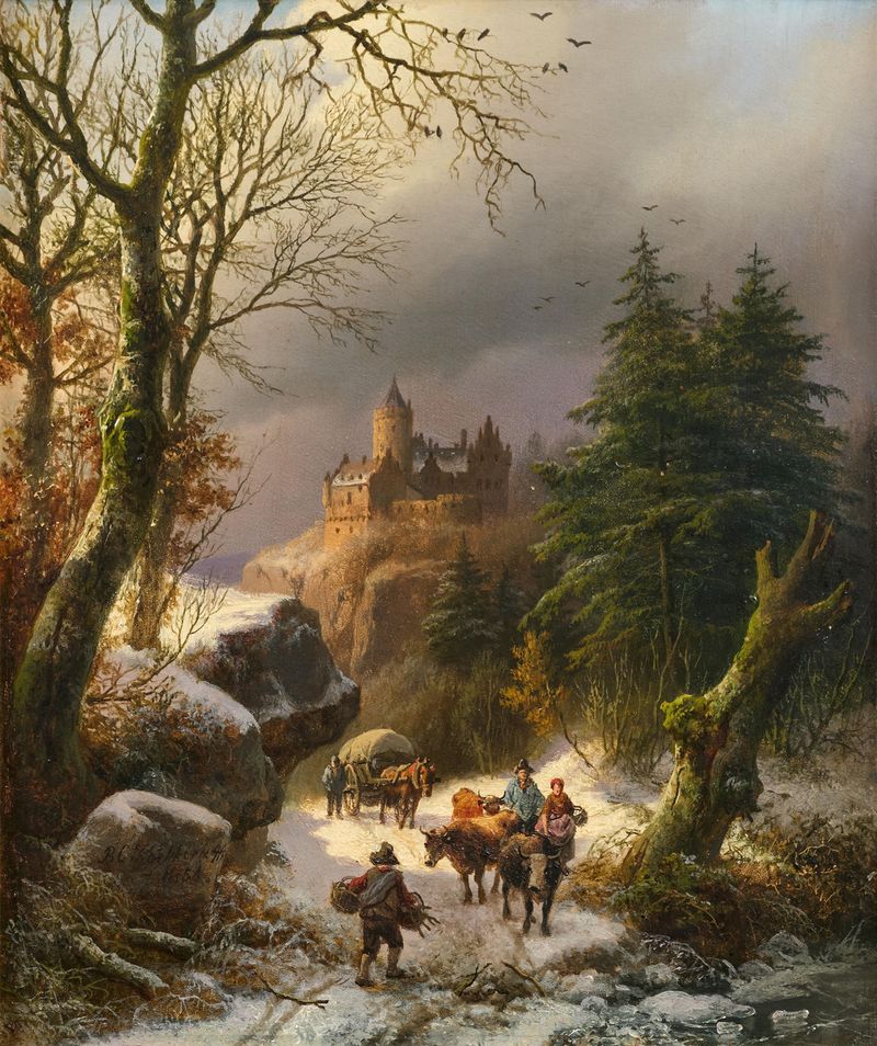 Paisaje invernal con nieve y árboles desnudos, óleo de Barend Cornelis Koekkoek