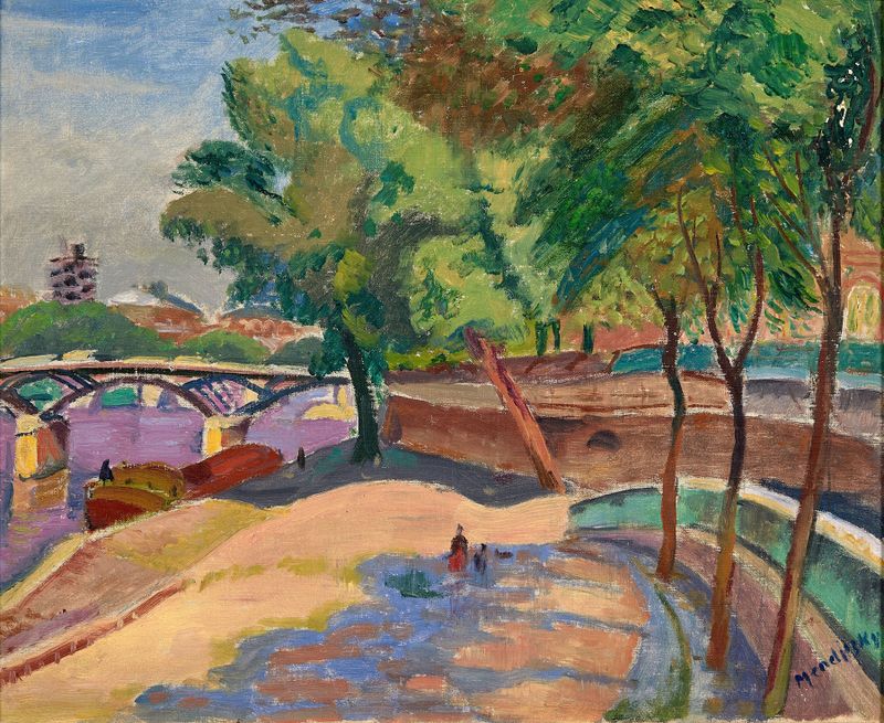 Pont des Arts, óleo sobre tela de Maurice Mendjizky retratando uma ponte sobre um rio em Paris.