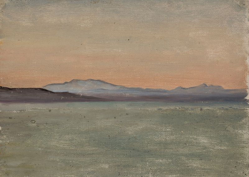 Lake Tiberias by Jan Ciągliński, oil on canvas depicting a tranquil landscape with reflections on water.