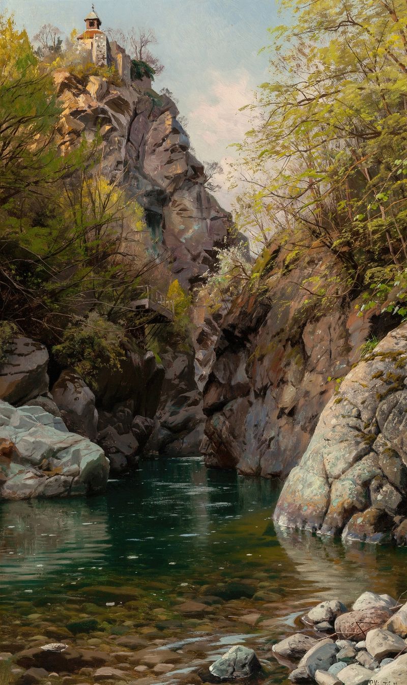 Landscape depicting a mountain gorge by Peder Mørk Mønsted, oil painting