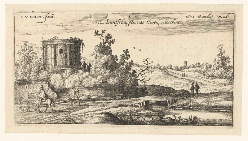 Landscape with a Roman temple ruin, etching by Esaias van de Velde