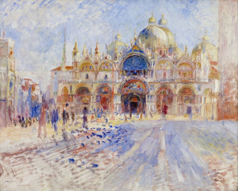 La Piazza San Marco, Venecia de Pierre-Auguste Renoir, óleo sobre lienzo que muestra una plaza animada.