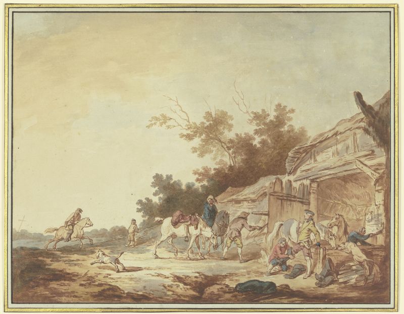 oil on canvas by Francesco Giuseppe Casanova depicting a traveler with horses at a trough