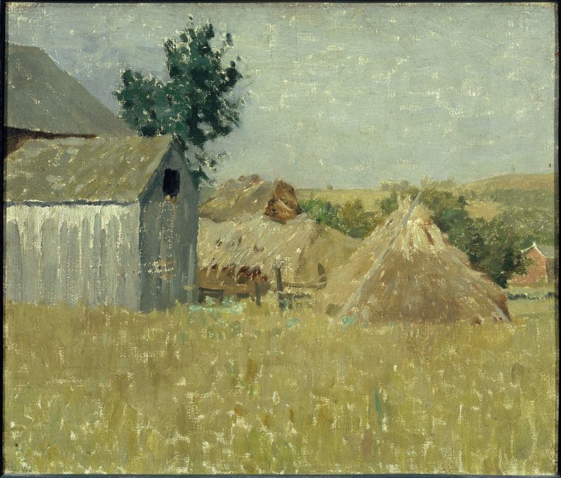 Gray Barn by William Langson Lathrop, oil on canvas depicting a weathered barn in a rural landscape.