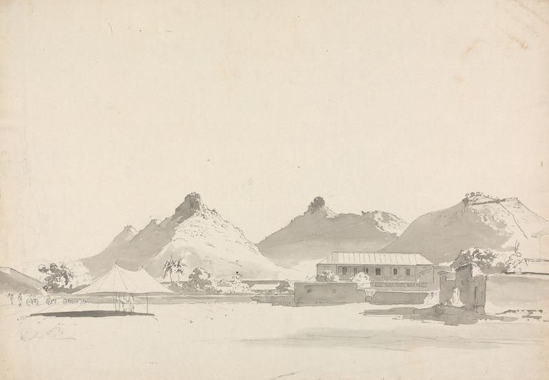 Campamento militar con tiendas y fortificaciones en colinas, pintura al óleo de Samuel Davis