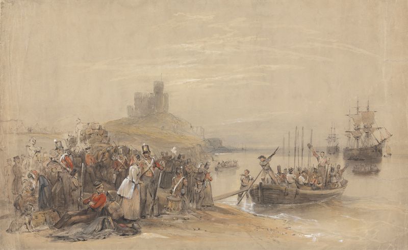 Coastal scene with soldiers embarking, oil on canvas by George Bryant Campion