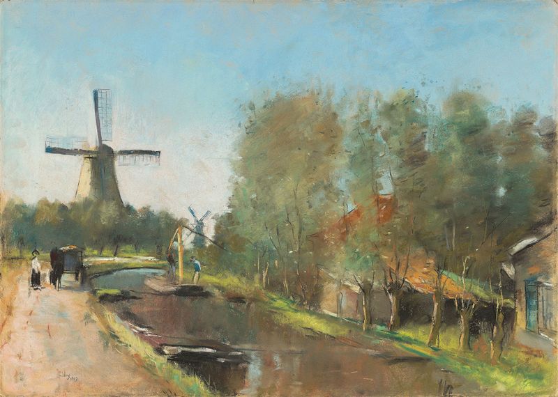 Paisaje al atardecer con un canal que refleja matices, óleo de Lesser Ury